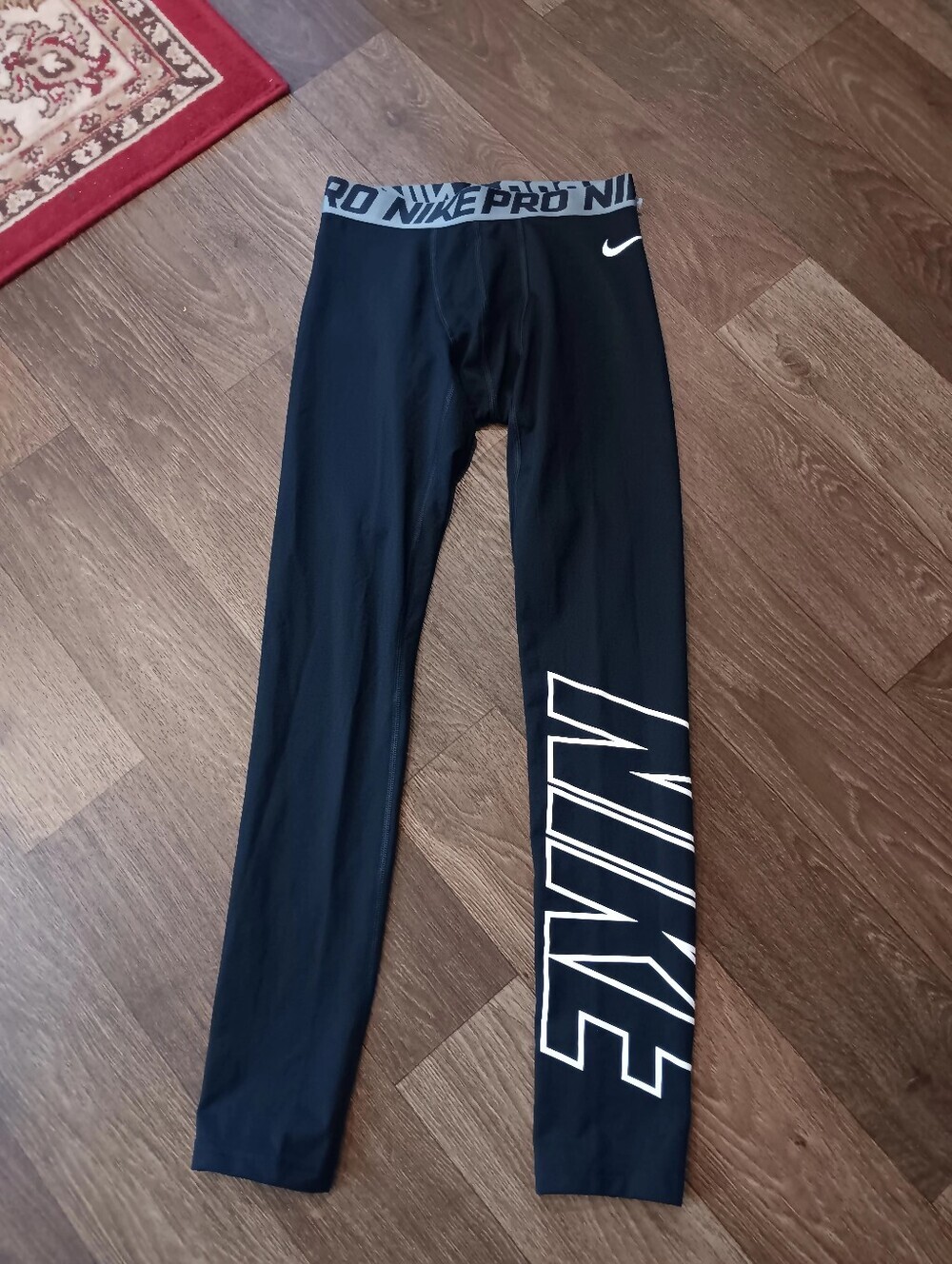 Nike Black Men Compression Leggings with White Logo and Branding Sz L